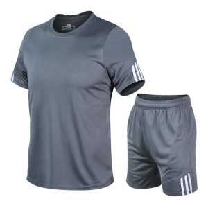 Performance gray athletic sportswear set, including a breathable short-sleeve shirt and comfortable shorts, ideal for activewear, gym, running, and sports training.