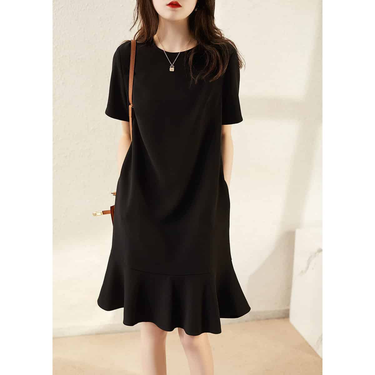Luxurious French Entry Women's Dress - Redefining Elegance for Every Occasion 4 Elegant Black Midi Dress With Bell Sleeve Design, Suitable For Stylish Occasions And Casual Wear, Featuring A Flattering Ruffle Hem And Comfortable Fit.