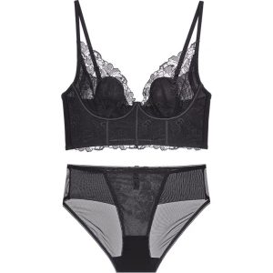 Luxury black lace lingerie set with floral embroidery and mesh details, stylish and comfortable women's underwear for intimate wear.