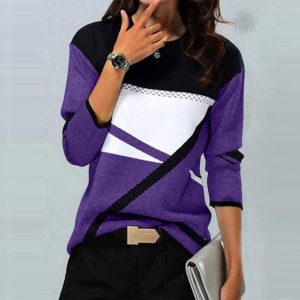 Synthmart fashionable women's sweater with purple, black, and white color-block design for casual and business wear.