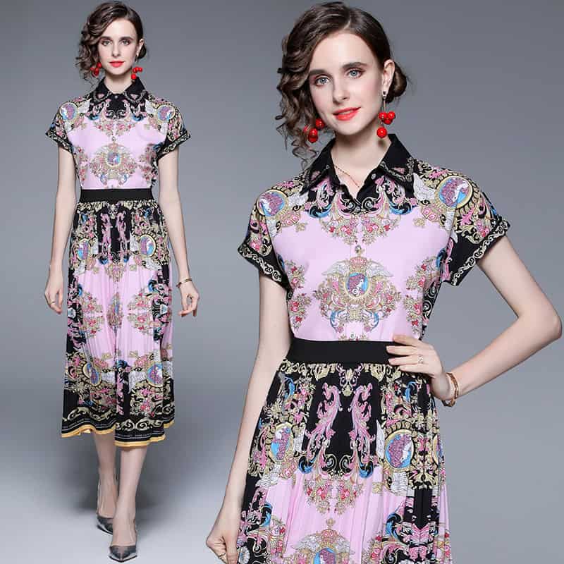 Elegant Bat Sleeve Shirt & Pleated Long Skirt Set - Chic Ensemble 1 Pink And Black Patterned Maxi Dress With Ornate Floral And Scroll Designs, Short Sleeves, And A Waist Tie, Perfect For Fashion-Forward Women Seeking Elegant Summer Outfits.