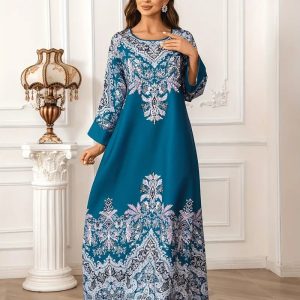Elegant blue embroidered long dress for women, stylish formal wear with intricate lace details, perfect for special occasions and events.
