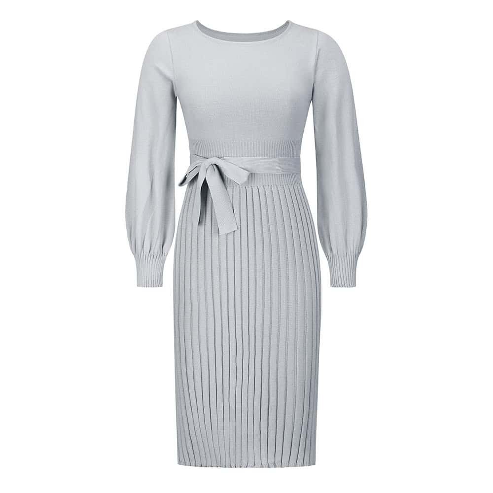 Chic Personality Bottoming Dress – Make a Stylish Statement! 7 Elegant Gray Knit Dress With Long Sleeves And Waist Tie, Perfect For Stylish Everyday Wear And Special Occasions.