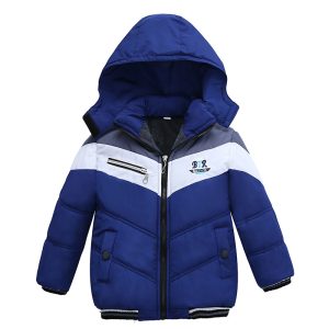 Warm boys' winter jacket with a hood, insulated for cold weather, featuring a stylish design with multiple pockets and zipper closures, perfect for keeping children cozy and fashionable during winter.
