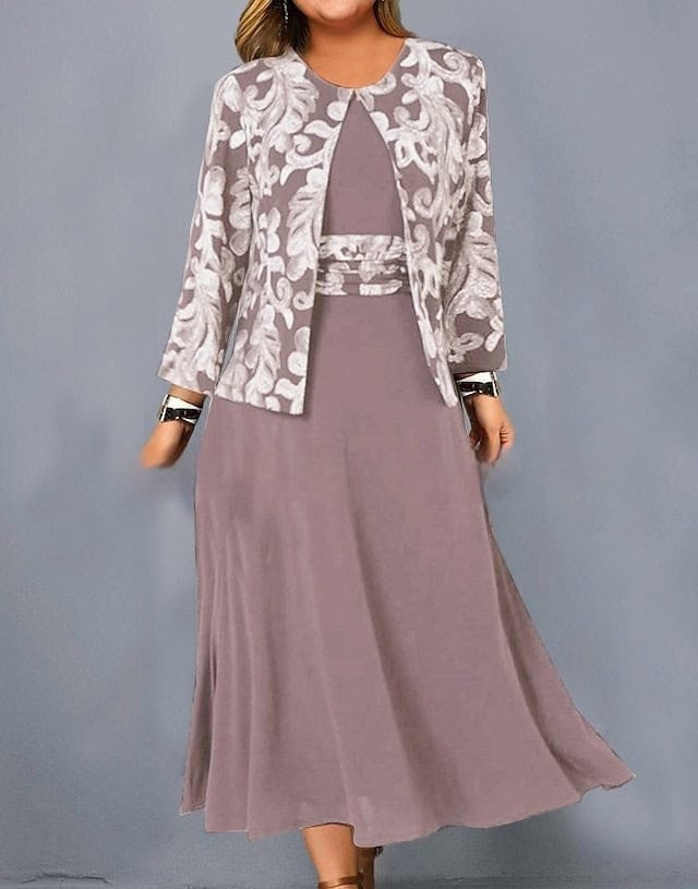 Chic Sleeveless Printed Dress with Short Coat Set - Casual Fashion Ensemble 6 Elegant Women'S Mauve Maxi Dress Paired With A Patterned Blazer, Perfect For Formal Occasions And Sophisticated Events, Showcasing Stylish Apparel Options From Syndmart.