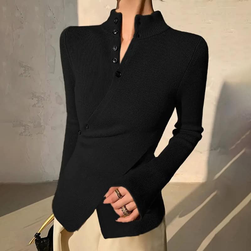 Chic Sweet & Spicy Stand Collar Cross Button Sweater for a Stylish Look 5 Black Ribbed Knit Sweater Featuring A High Collar And Button Closure On The Front.