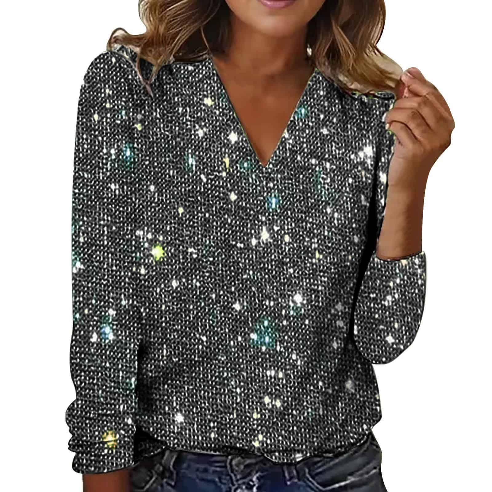 Chic Women's Digital Print Round Neck Long Sleeve Tee - Stylish Comfort, All Day 6 Long Sleeve V-Neck Top With A Sparkling, Glittery Texture In Shades Of Black And Silver.