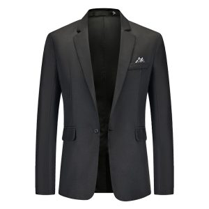 Elegant Black Men'S Blazer Suitable For Formal And Professional Occasions, Crafted From High-Quality Fabric With A Tailored Fit, Featuring A Notched Lapel, Chest Pocket With Pocket Square, And Button Closure.