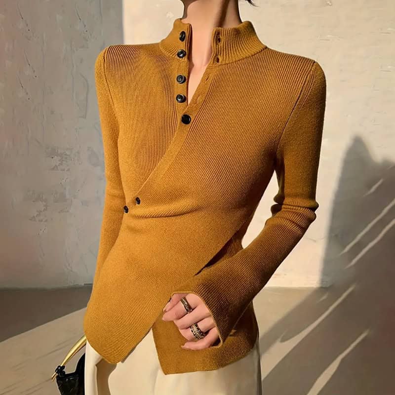 Chic Sweet & Spicy Stand Collar Cross Button Sweater for a Stylish Look 2 Mustard Yellow Ribbed Sweater Featuring A High Collar And Button Closure On The Front.