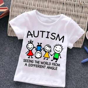Autism awareness t-shirt with colorful cartoon children and inclusive message, raising understanding of autism spectrum disorder, perfect for promoting acceptance and diversity.
