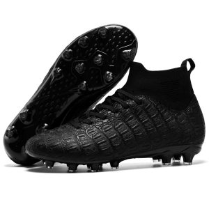 Syndmart black high-top football cleats with textured, faux crocodile skin design and responsive studded sole for enhanced grip and performance on the field.