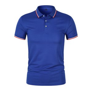 Bright blue polo shirt with striped collar and sleeve accents, perfect for casual or corporate apparel. Wholesale clothing options available at Syndmart for online retail and bulk orders.