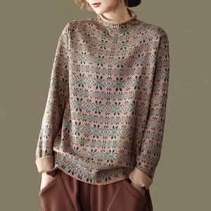 Colorful Patterned Knit Sweater With Floral Motifs, Long Sleeves, And Cozy Fit, Perfect For Casual Fashion. Suitable For Stylish Winter And Fall Wear, Available On Syndmart.