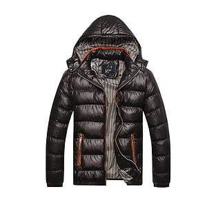 Warm black puffer jacket with hood, featuring orange accents and striped lining, ideal for winter outdoor weather, available at Syndmart for stylish cold-weather clothing.