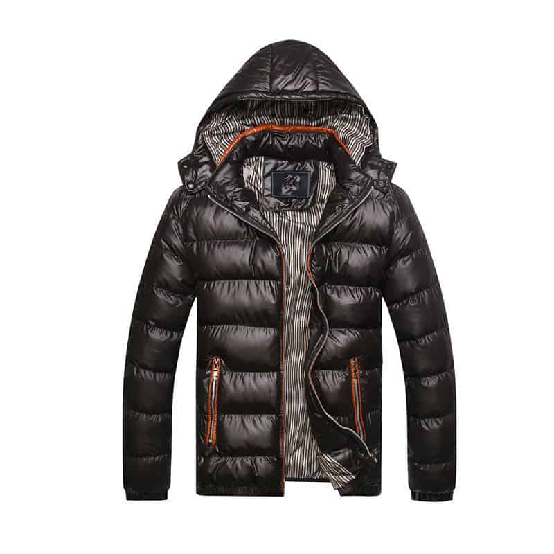 Arctic Shield Winter Puffer Jacket - Arctic-Grade Warmth & Style for Cold Days 1 Warm Black Puffer Jacket With Hood, Featuring Orange Accents And Striped Lining, Ideal For Winter Outdoor Weather, Available At Syndmart For Stylish Cold-Weather Clothing.