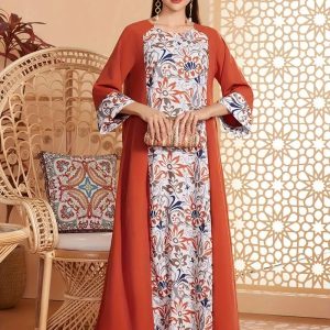 Elegant model wearing stylish ethnic kurta with floral print and orange coat, showcasing traditional fashion for women. Perfect for festive and casual occasions, blending modern and classic design.