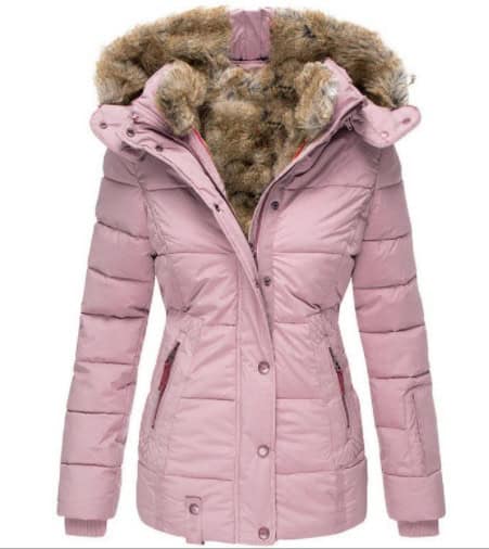 Chic Fur Collar Slim-Fit Cotton Coat - Winter Essential for Stylish Comfort 5 Pink Puffer Jacket Featuring A Fur-Lined Hood And Zippered Pockets.