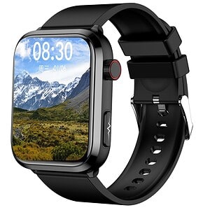 Smartwatch with a scenic mountain landscape display, black silicone strap, and multifunctional side buttons, ideal for fitness and daily use.