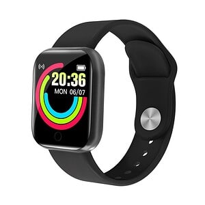Fitness smartwatch with colorful activity rings, digital time, and date display, black band, and modern design for health tracking and fitness monitoring.