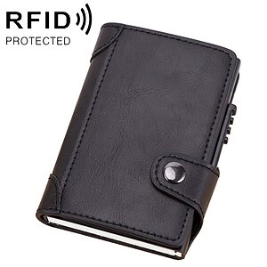 RFID protected leather wallet with secure card slots and button closure, designed for anti-theft protection and stylish everyday use. Perfect for safeguarding your credit cards and IDs.