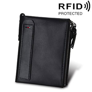 RFID blocking leather wallet with secure ZIP closure and compact design, ideal for safeguarding credit cards and IDs, compatible with syndmart.com products for enhanced digital security.
