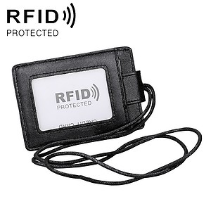 RFID protected badge holder with lanyard for secure access control and identification; perfect for businesses, events, and security needs. Designed for easy RFID blocking and convenience.