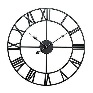 Elegant black metal wall clock with Roman numerals, modern minimalist design, perfect for home or office decor, high-quality timepiece, stylish and functional.