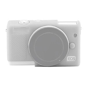 Canon EOS camera with a sleek design and a circular lens mount, showcasing a minimalist aesthetic.