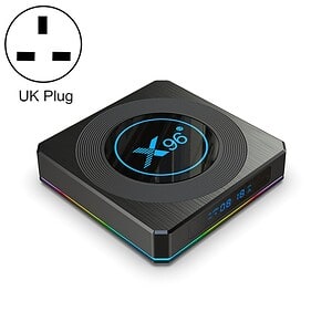 X96 Android TV box with a UK plug, featuring a sleek black design and colorful LED lights.