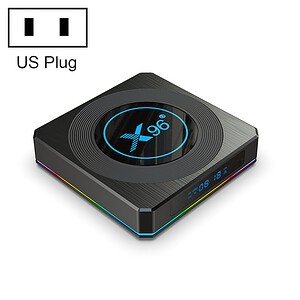 X96 Android TV box with a circular design and LED indicators, featuring a US plug connection.