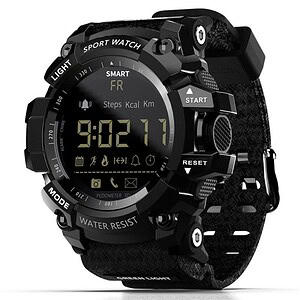 1. Rugged black sports watch with digital display showing time, steps, calories, and notifications, ideal for outdoor and fitness enthusiasts.