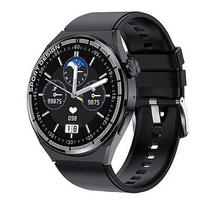 Smartwatch with black strap and digital health tracking features, suitable for fitness and everyday use.
