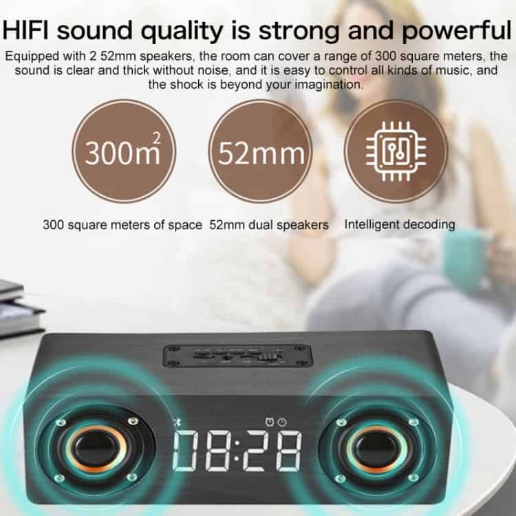 Wooden Clock Bluetooth Subwoofer with FM, AUX, TF - M5C - Enhanced Sound 10 High-Quality Audio System With 52Mm Dual Speakers Covering 300 Square Meters, Providing Clear, Powerful Sound, Ideal For Large Spaces; Features Include Intelligent Decoding Technology For An Immersive Listening Experience.