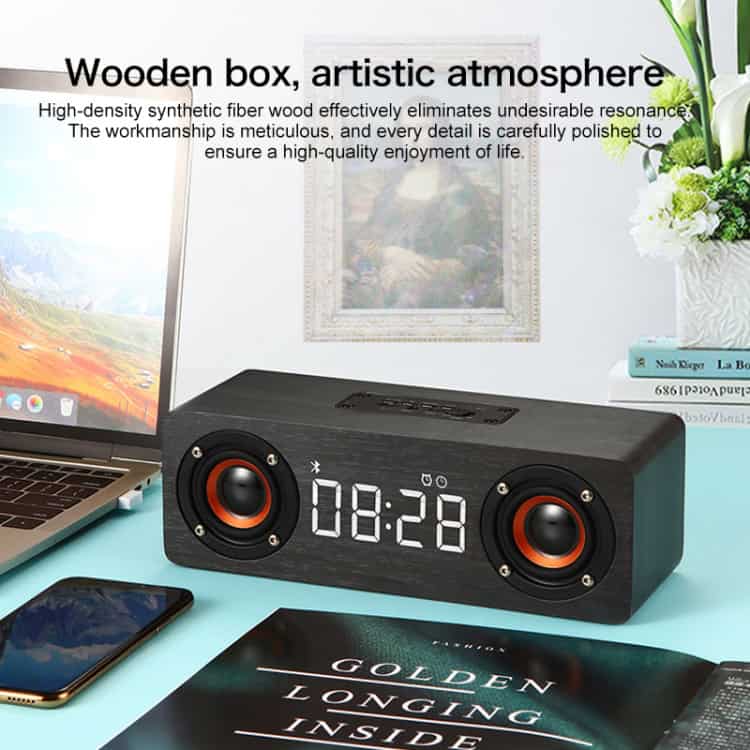 Wooden Clock Bluetooth Subwoofer with FM, AUX, TF - M5C - Enhanced Sound 11 High-Quality Wooden Box Speaker With Digital Display, Modern Design, Perfect For Home Or Office Audio Setup, Enhancing Ambiance And Sound Clarity.