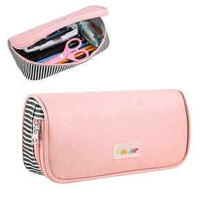 Pink pencil case with a striped bottom, containing scissors, pens, and other stationery items.