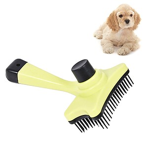 1. Small yellow pet grooming brush with black bristles and ergonomic handle, perfect for dog grooming and shedding control.