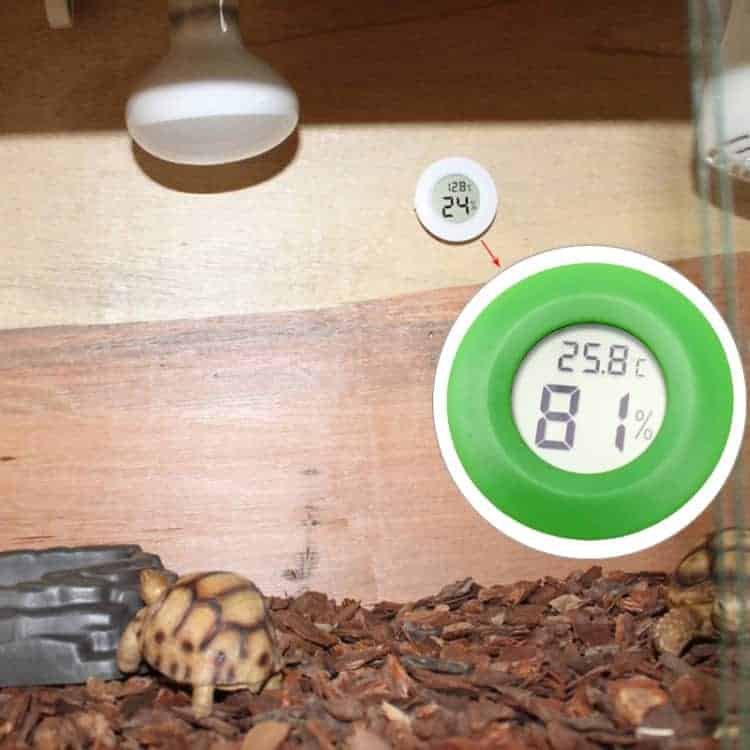 Digital Round Reptile Box Centigrade Thermometer & Hygrometer with Screen Display 1 Digital Thermometer And Humidity Gauge Displaying Temperature And Humidity Levels In A Terrarium With A Tortoise.