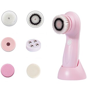 Deep cleaning facial cleansing brush with multiple interchangeable brush heads and silicone pads for skincare, exfoliation, and pore cleansing.