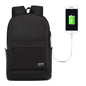 Black backpack with a USB charging port connected to a smartphone displaying a battery charging icon.