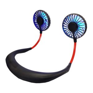 Blue LED portable neck fan with dual adjustable fan heads for hands-free cooling and personal comfort, ideal for outdoor activities and travel.