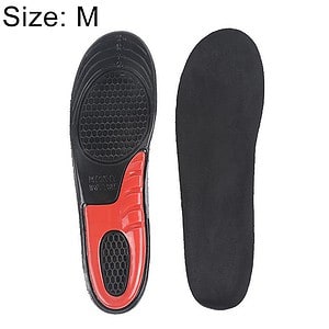 Comfortable black shoe insoles with red cushioning for improved support and shock absorption, ideal for daily wear and sports activities.