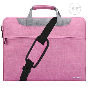 Pink laptop bag with adjustable shoulder strap and front zipper pocket, ideal for travel, work, and college use, featuring durable fabric and stylish design.