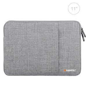 Durable grey laptop sleeve with zipper closure, compatible with 11-inch devices, made from water-resistant fabric for secure protection.