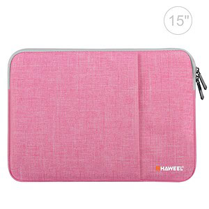 Pink fabric laptop sleeve with zipper, compatible with 15-inch devices, perfect for protection and portability.