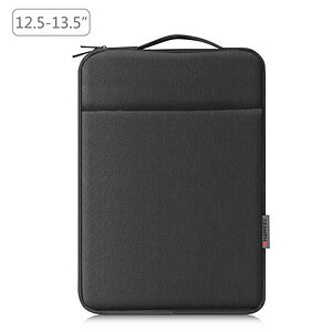 Black laptop sleeve case with handle, compatible with 12.5-13.5 inch devices, durable fabric, and secure zipper closure for safe transportation. Perfect for travel, work, or school.
