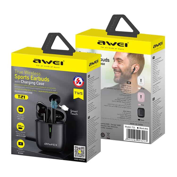 Awei T21 Bluetooth 5.0 Wireless Sports Headset with Charging Case, Perfect for Active Lifestyle 4 Wireless Sports Earbuds With Charging Case, Model T21, Featured In Sleek Packaging, Showcasing Bluetooth Connectivity, Touch Controls, And Water Resistance For Active Lifestyles.