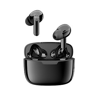 Wireless black earbuds with charging case, modern audio headphones for music lovers, portable true wireless earphones, Bluetooth stereo headset, Syndmart electronics products.