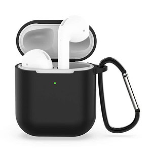 Black charging case with wireless earbuds inside, featuring a white design and a metal carabiner attached.