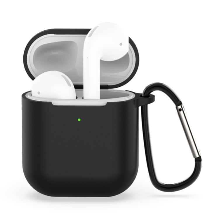 Shockproof Silicone Case for Apple AirPods 1/2 – Ultimate Wireless Earphones Protection 2 Black Charging Case With White Wireless Earbuds Inside, Featuring A Small Green Indicator Light.
