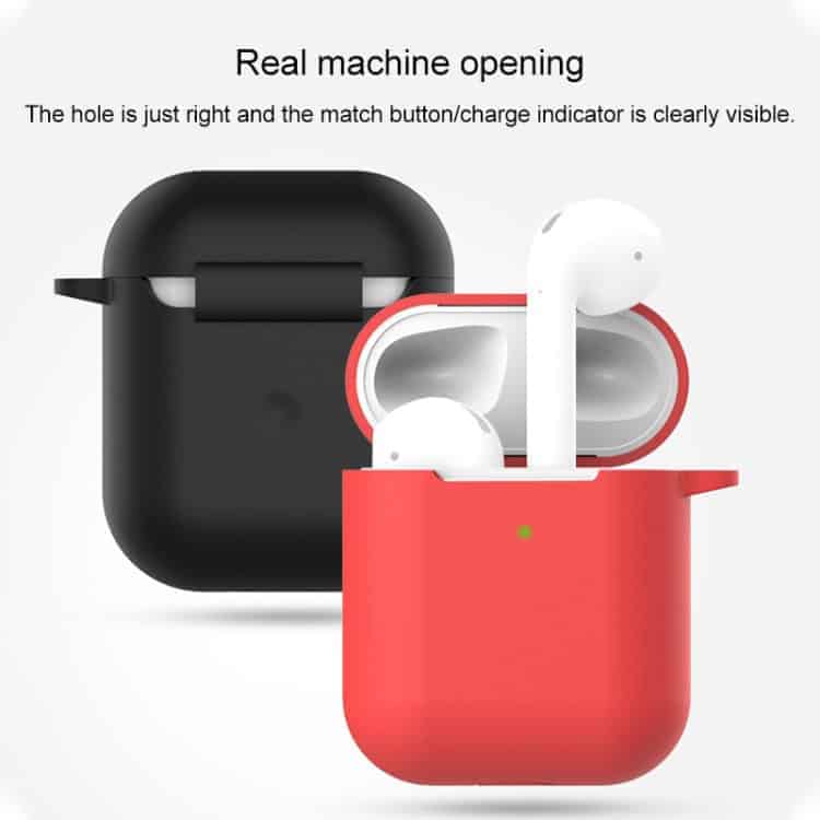 Shockproof Silicone Case for Apple AirPods 1/2 – Ultimate Wireless Earphones Protection 5 Black And Red Charging Cases For Wireless Earbuds With Earbuds Visible Inside The Red Case.
